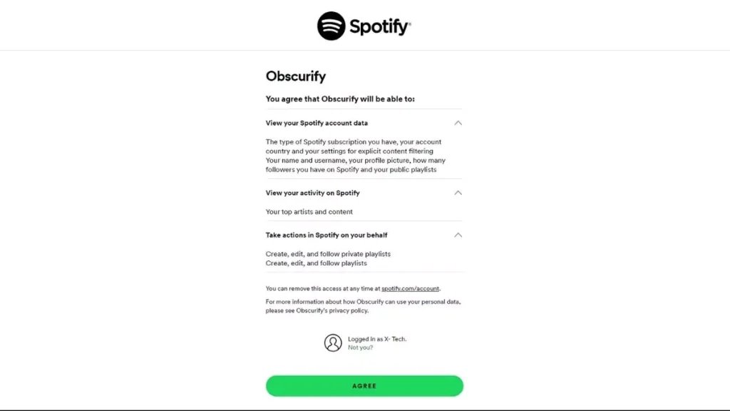 An image of Accepingt the permissions to link Obscurify with your Spotify data