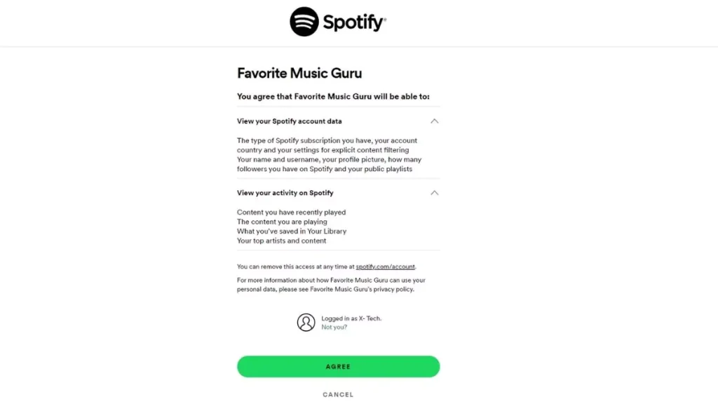 An image of Favorite Music Guru login  into my Spotify account when prompted.