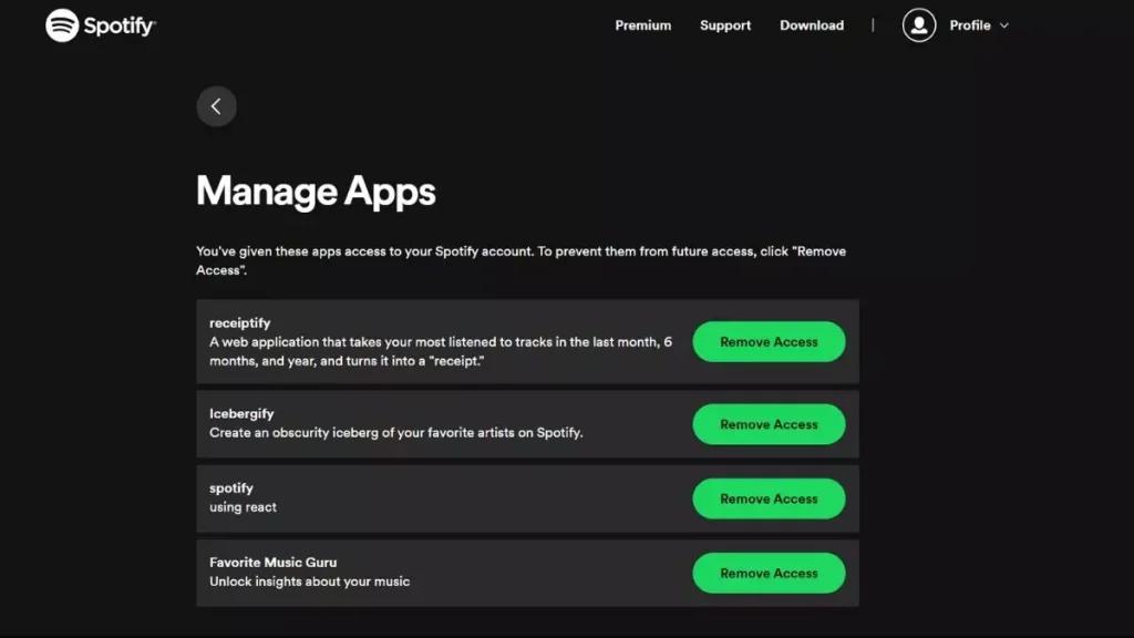 An Image showing to manage apps on spotify to remove Favorite Music Guru access