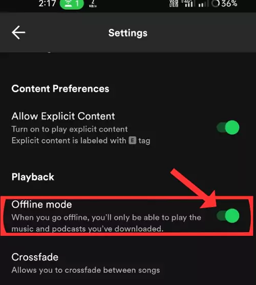 Image Showing To Disable Offline Mode on Spotify
